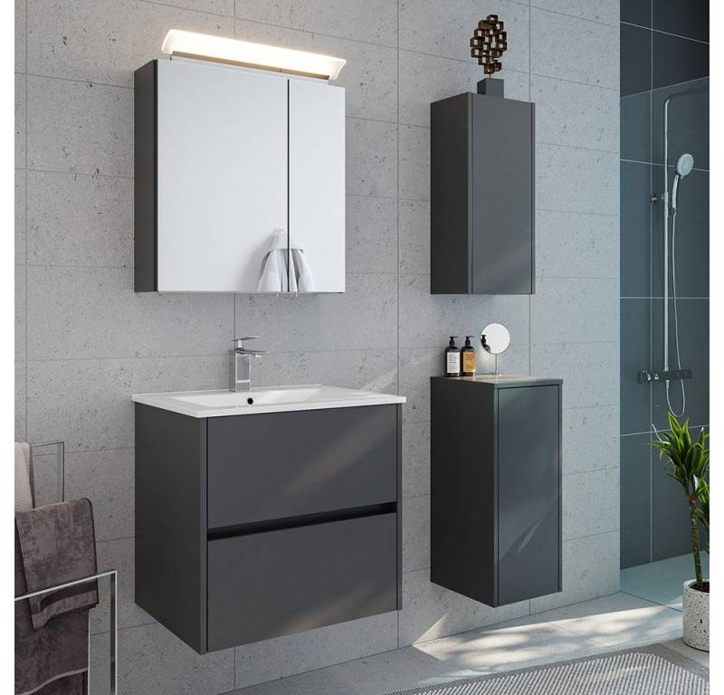 Lomadox Badmöbel-Set LIVIGNO-02, (Spar-Set, 4-St., Spiegelschrank Waschtisch Hängeschrank Unterschrank), in graphit matt mit LED-Beleuchtung von Lomadox