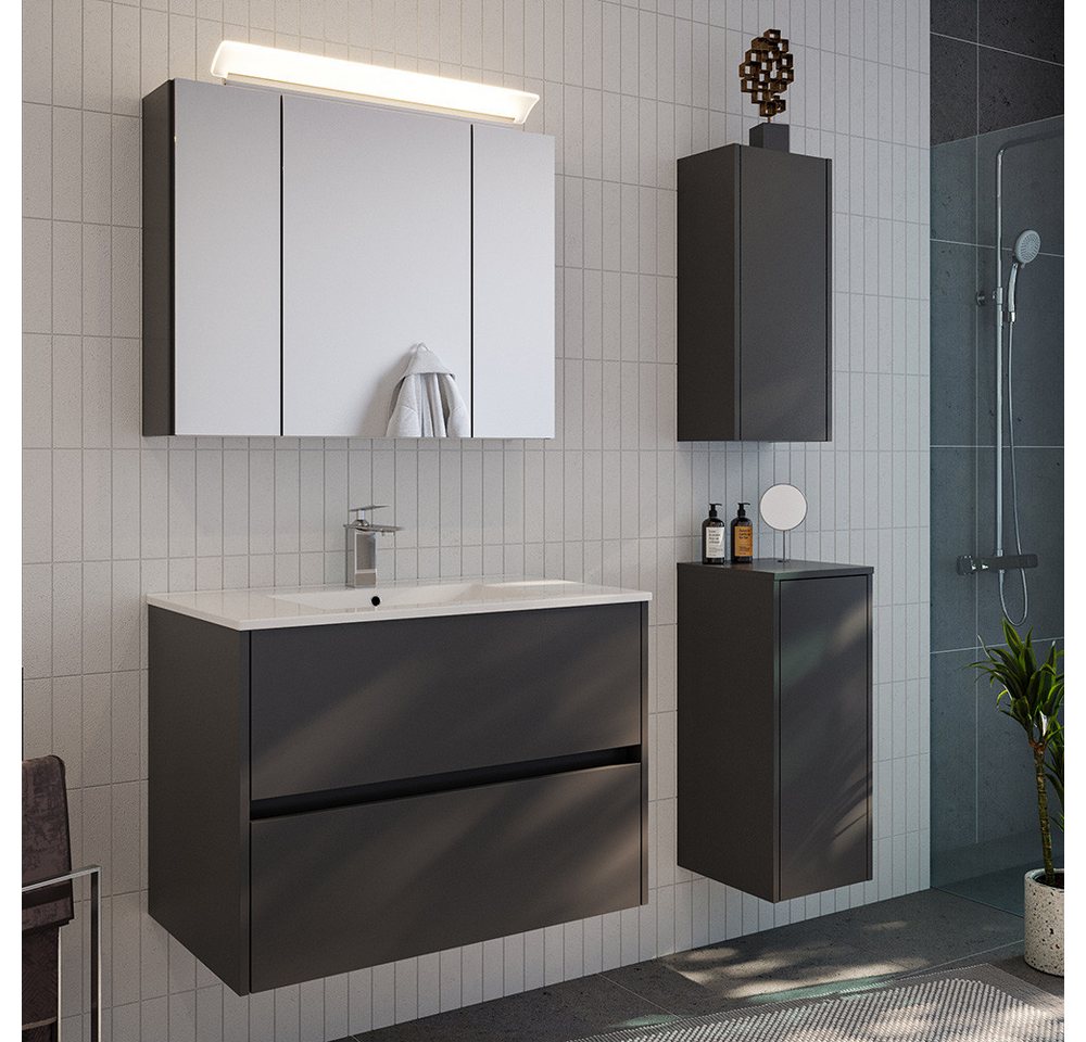 Lomadox Badmöbel-Set LIVIGNO-02, (Spar-Set, 4-St., Spiegelschrank Waschtisch Hängeschrank Unterschrank), in graphit matt mit LED-Beleuchtung von Lomadox