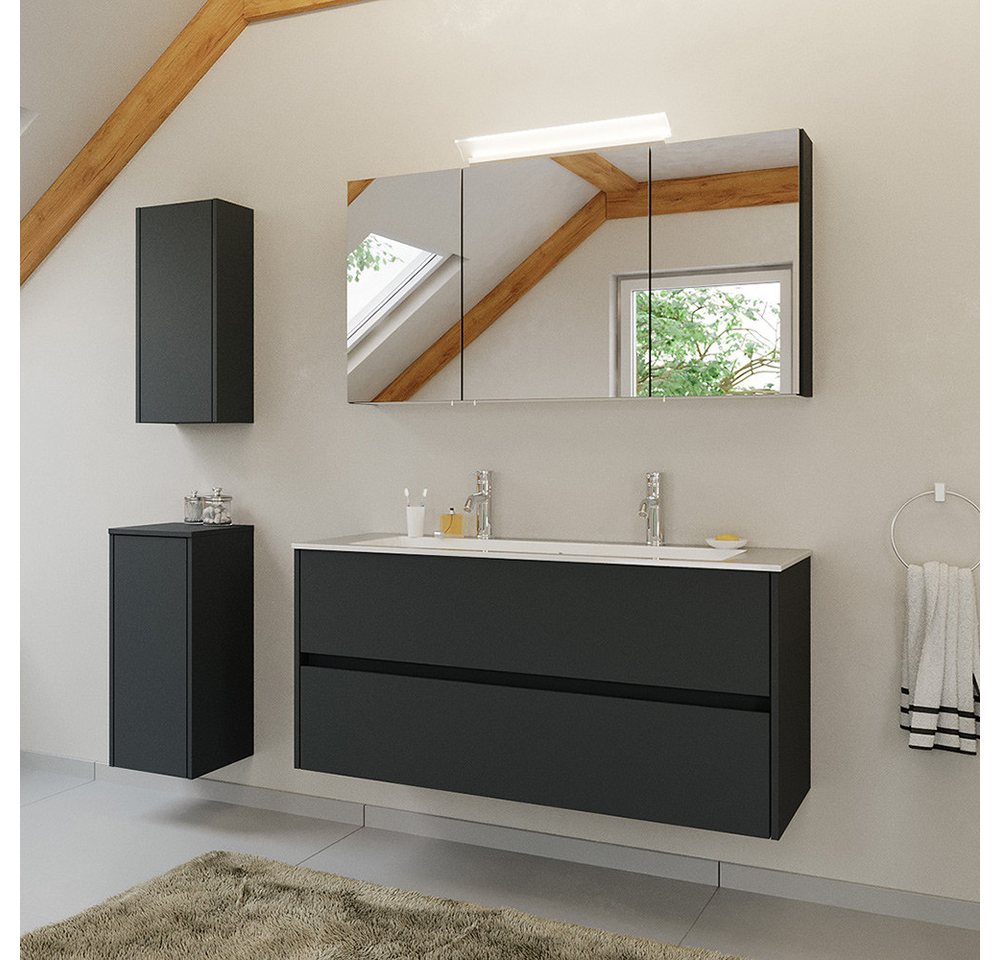 Lomadox Badmöbel-Set LIVIGNO-02, (Spar-Set, 4-St., Spiegelschrank Waschtisch Hängeschrank Unterschrank), in graphit matt mit LED-Beleuchtung von Lomadox