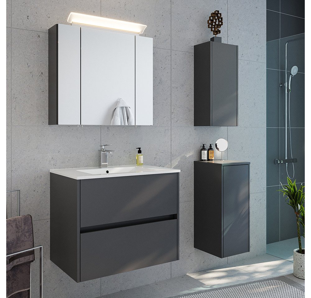 Lomadox Badmöbel-Set LIVIGNO-02, (Spar-Set, 4-St., Spiegelschrank Waschtisch Hängeschrank Unterschrank), in graphit matt mit LED-Beleuchtung von Lomadox