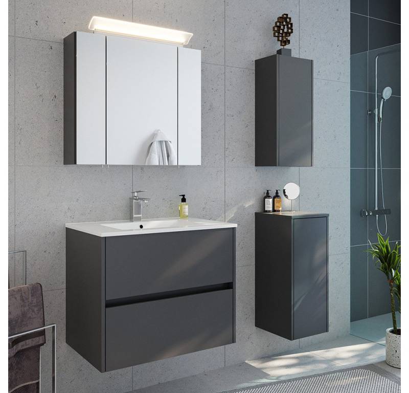 Lomadox Badmöbel-Set LIVIGNO-02, (Spar-Set, 4-St., Spiegelschrank Waschtisch Hängeschrank Unterschrank), in graphit matt mit LED-Beleuchtung von Lomadox