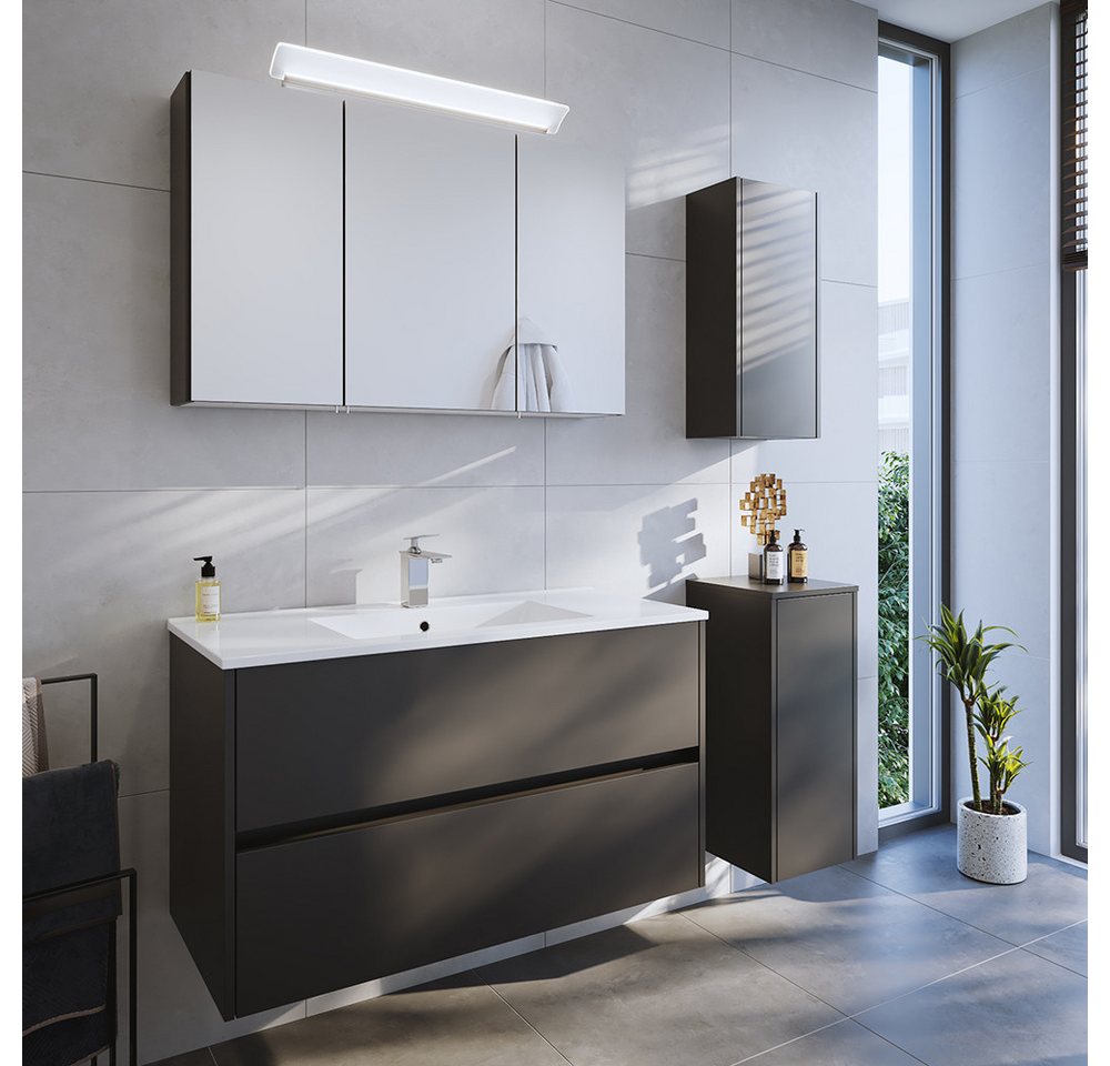 Lomadox Badmöbel-Set LIVIGNO-02, (Spar-Set, 4-St., Spiegelschrank Waschtisch Hängeschrank Unterschrank), in graphit matt mit LED-Beleuchtung von Lomadox