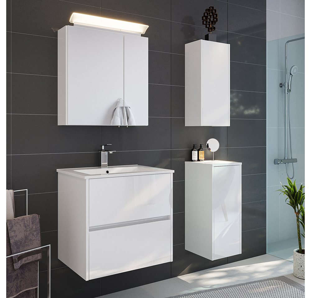 Lomadox Badmöbel-Set LIVIGNO-02, (Spar-Set, 4-St., Spiegelschrank Waschtisch Hängeschrank Unterschrank), in weiß Hochglanz mit LED-Beleuchtung von Lomadox