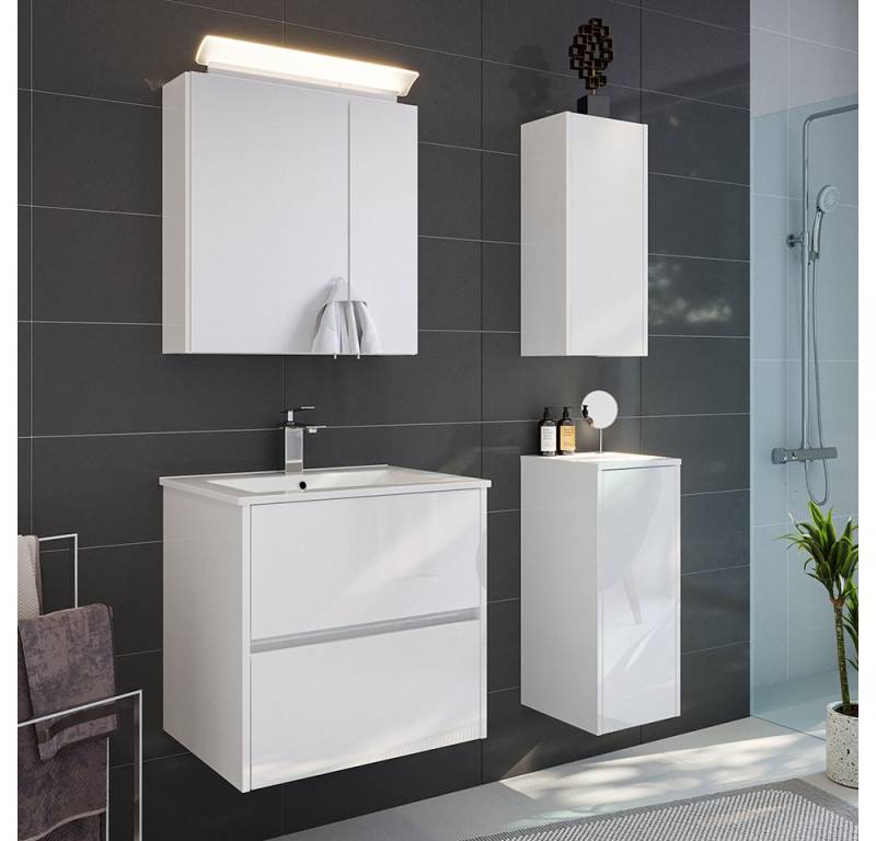 Lomadox Badmöbel-Set LIVIGNO-02, (Spar-Set, 4-St., Spiegelschrank Waschtisch Hängeschrank Unterschrank), in weiß Hochglanz mit LED-Beleuchtung von Lomadox