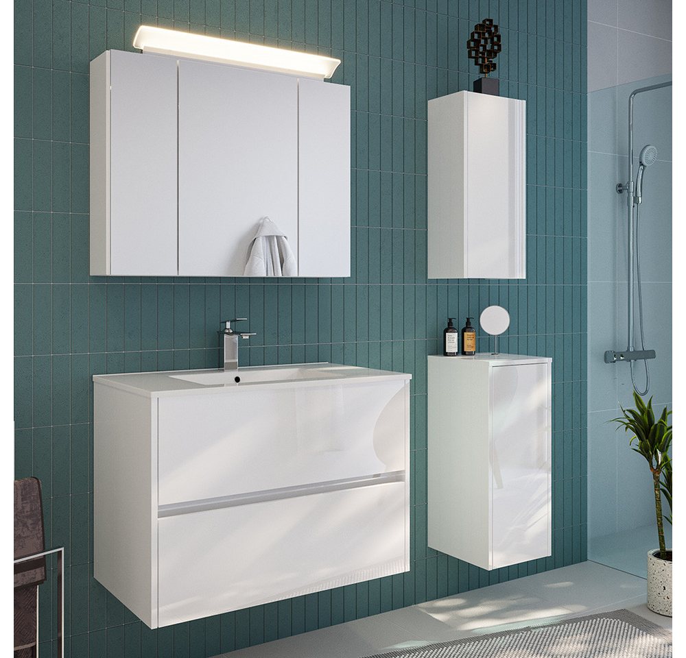 Lomadox Badmöbel-Set LIVIGNO-02, (Spar-Set, 4-St., Spiegelschrank Waschtisch Hängeschrank Unterschrank), in weiß Hochglanz mit LED-Beleuchtung von Lomadox