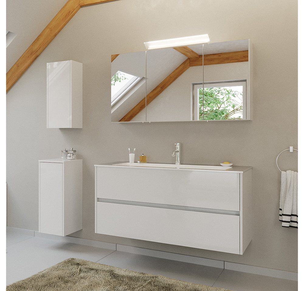 Lomadox Badmöbel-Set LIVIGNO-02, (Spar-Set, 4-St., Spiegelschrank Waschtisch Hängeschrank Unterschrank), in weiß Hochglanz mit LED-Beleuchtung von Lomadox