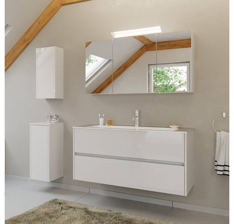 Lomadox Badmöbel-Set LIVIGNO-02, (Spar-Set, 4-St., Spiegelschrank Waschtisch Hängeschrank Unterschrank), in weiß Hochglanz mit LED-Beleuchtung von Lomadox