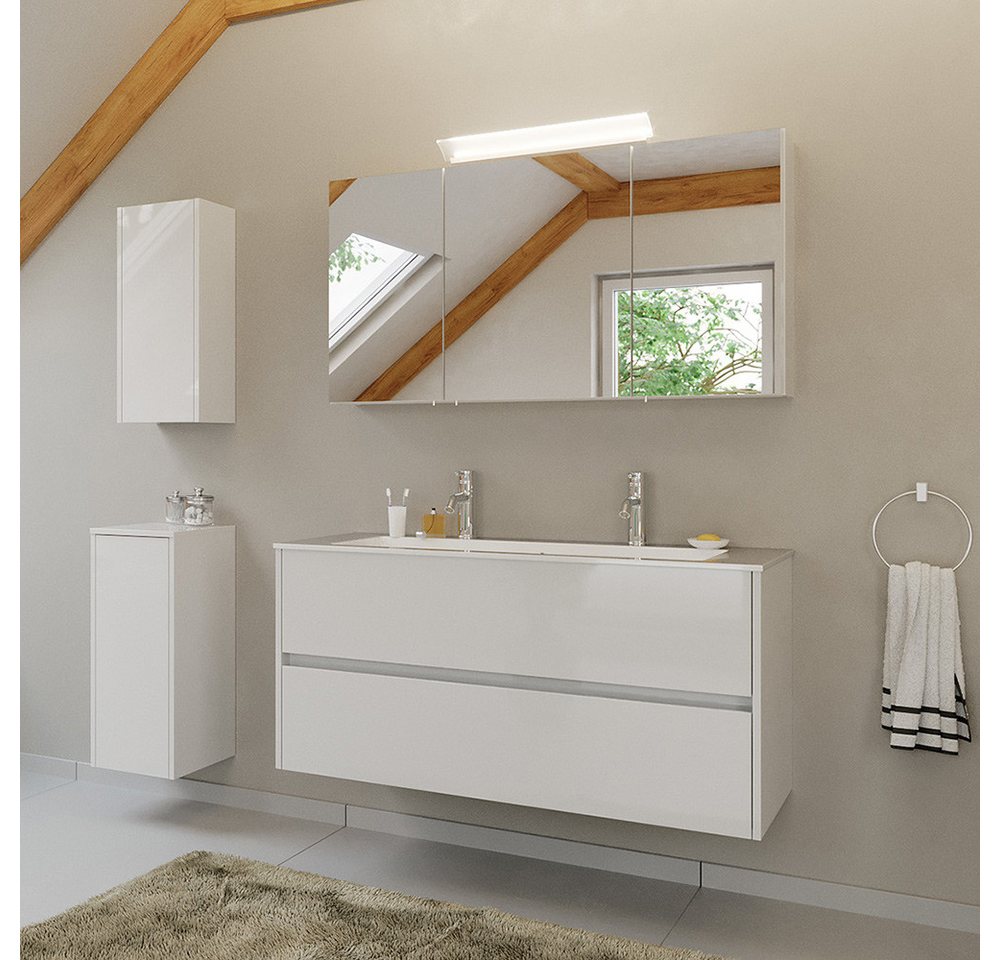 Lomadox Badmöbel-Set LIVIGNO-02, (Spar-Set, 4-St., Spiegelschrank Waschtisch Hängeschrank Unterschrank), in weiß Hochglanz mit LED-Beleuchtung von Lomadox