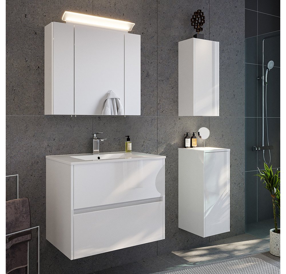 Lomadox Badmöbel-Set LIVIGNO-02, (Spar-Set, 4-St., Spiegelschrank Waschtisch Hängeschrank Unterschrank), in weiß Hochglanz mit LED-Beleuchtung von Lomadox