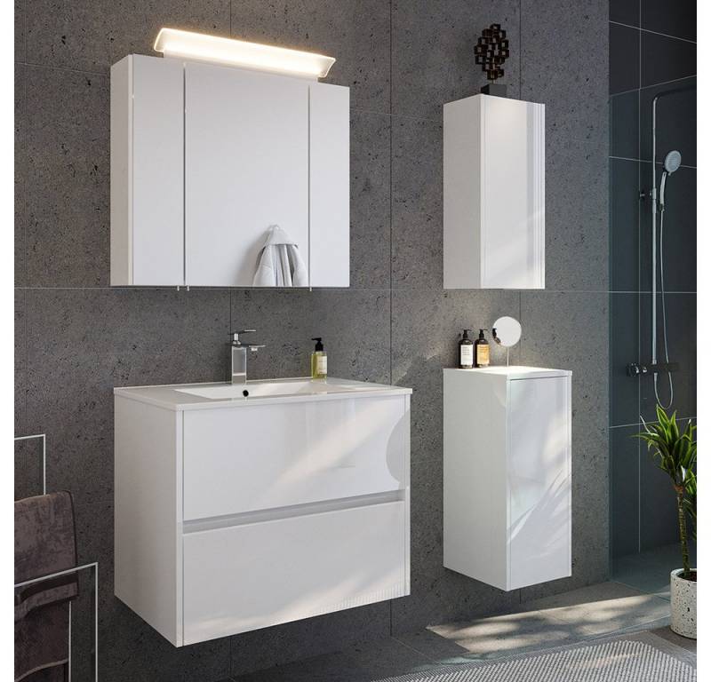 Lomadox Badmöbel-Set LIVIGNO-02, (Spar-Set, 4-St., Spiegelschrank Waschtisch Hängeschrank Unterschrank), in weiß Hochglanz mit LED-Beleuchtung von Lomadox