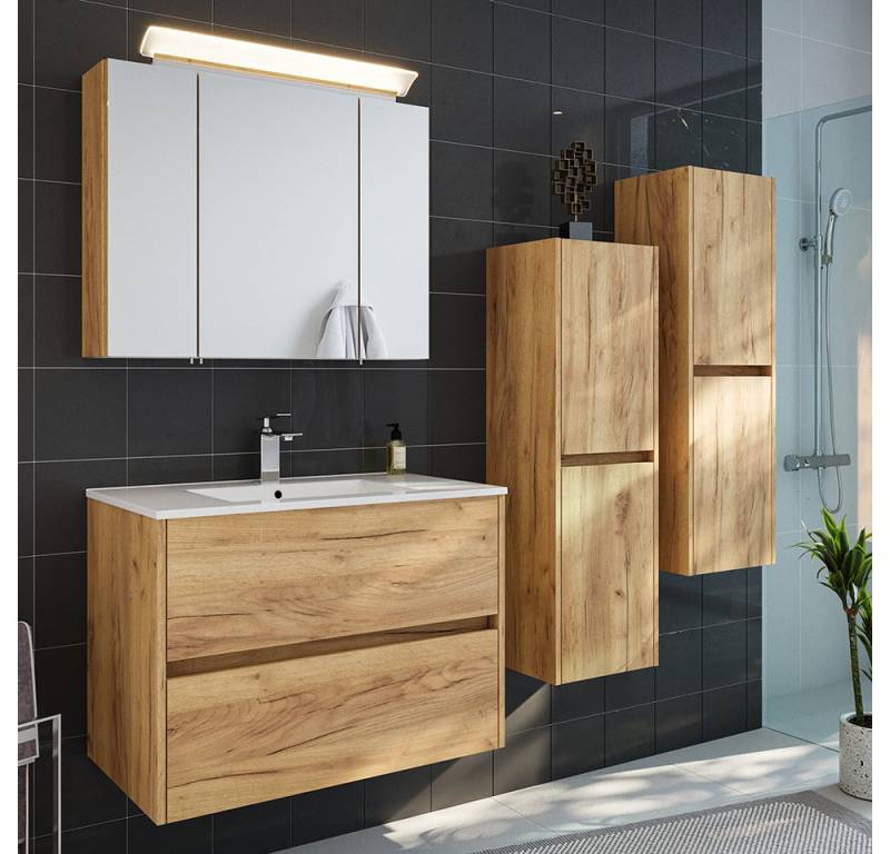 Lomadox Badmöbel-Set LIVIGNO-02, (Spar-Set, 4-St., Spiegelschrank Waschtisch Midischränke), in Eiche mit LED-Beleuchtung von Lomadox