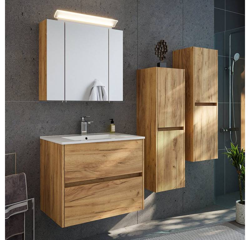Lomadox Badmöbel-Set LIVIGNO-02, (Spar-Set, 4-St., Spiegelschrank Waschtisch Midischränke), in Eiche mit LED-Beleuchtung von Lomadox