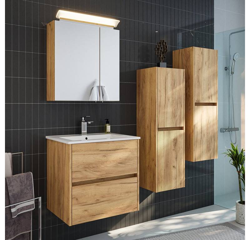 Lomadox Badmöbel-Set LIVIGNO-02, (Spar-Set, 4-St., Spiegelschrank Waschtisch Midischränke), in Eiche mit LED-Beleuchtung von Lomadox