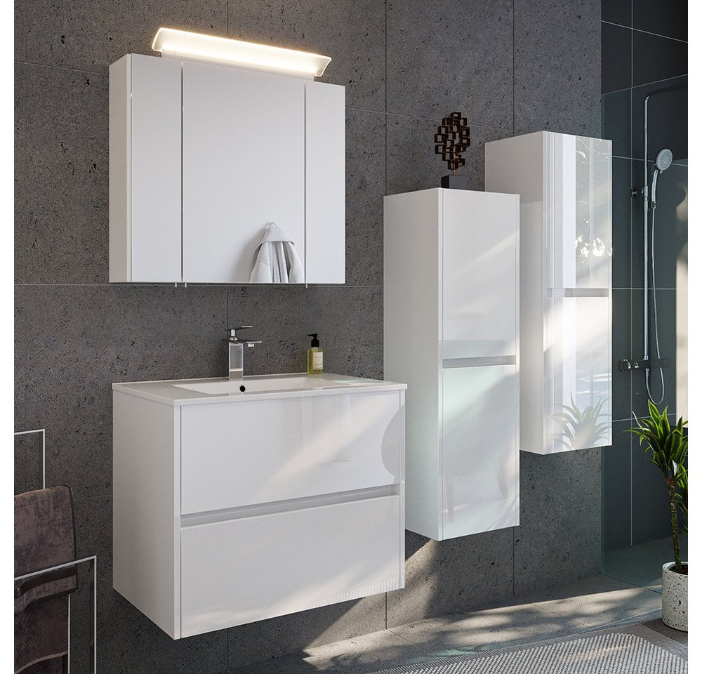 Lomadox Badmöbel-Set LIVIGNO-02, (Spar-Set, 4-St., Spiegelschrank Waschtisch Midischränke), in weiß Hochglanz mit LED-Beleuchtung von Lomadox