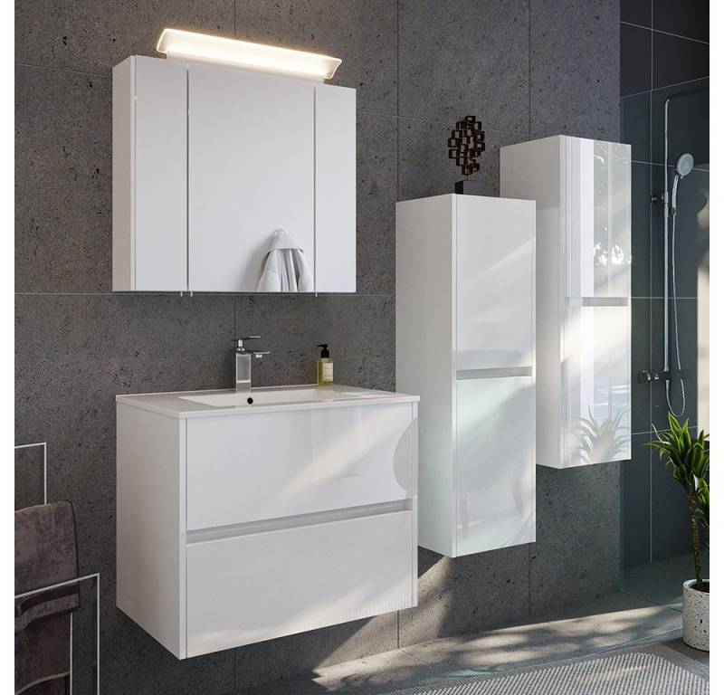 Lomadox Badmöbel-Set LIVIGNO-02, (Spar-Set, 4-St., Spiegelschrank Waschtisch Midischränke), in weiß Hochglanz mit LED-Beleuchtung von Lomadox