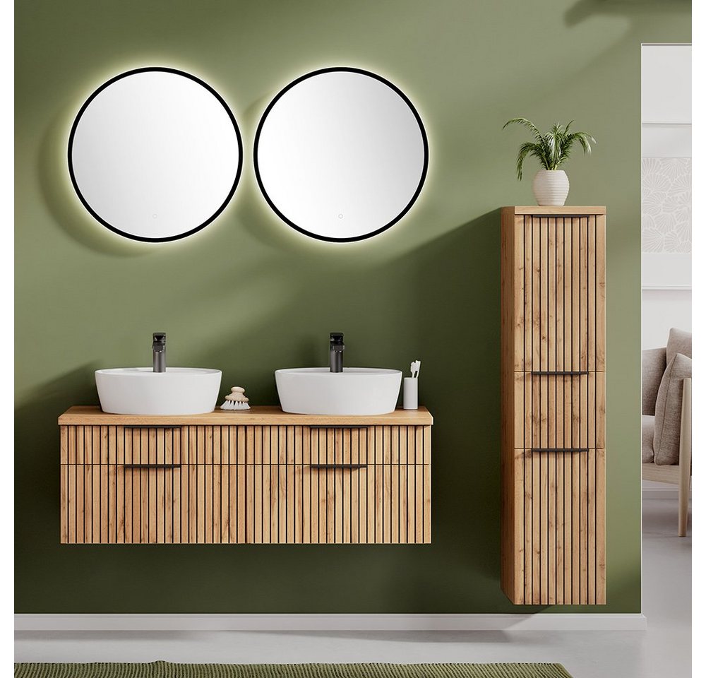Lomadox Badmöbel-Set LIVINGSTON-03, (Spar-Set, 4-St), Eiche, gestreifte Front, Spiegel mit LED, Aufsatzbecken weiß von Lomadox