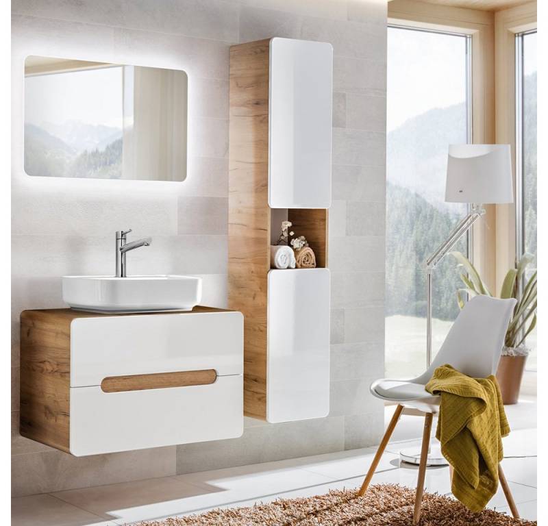 Lomadox Badmöbel-Set LUTON-56, (Spar-Set, 3-St), weiß mit Wotan Eiche Nb. mit Keramik-Aufsatzwaschbecken 130/200/46 cm von Lomadox