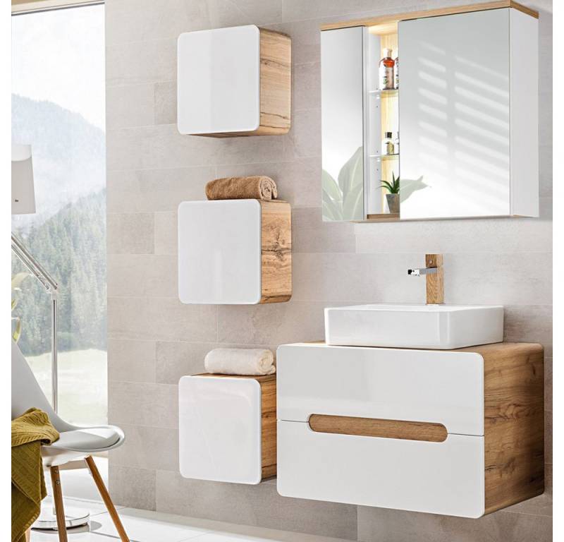 Lomadox Badmöbel-Set LUTON-56, (Spar-Set, 5-St), Hochglanz weiß Wotan Eiche Nb. mit Keramik-Waschtisch 130/195/46 cm von Lomadox