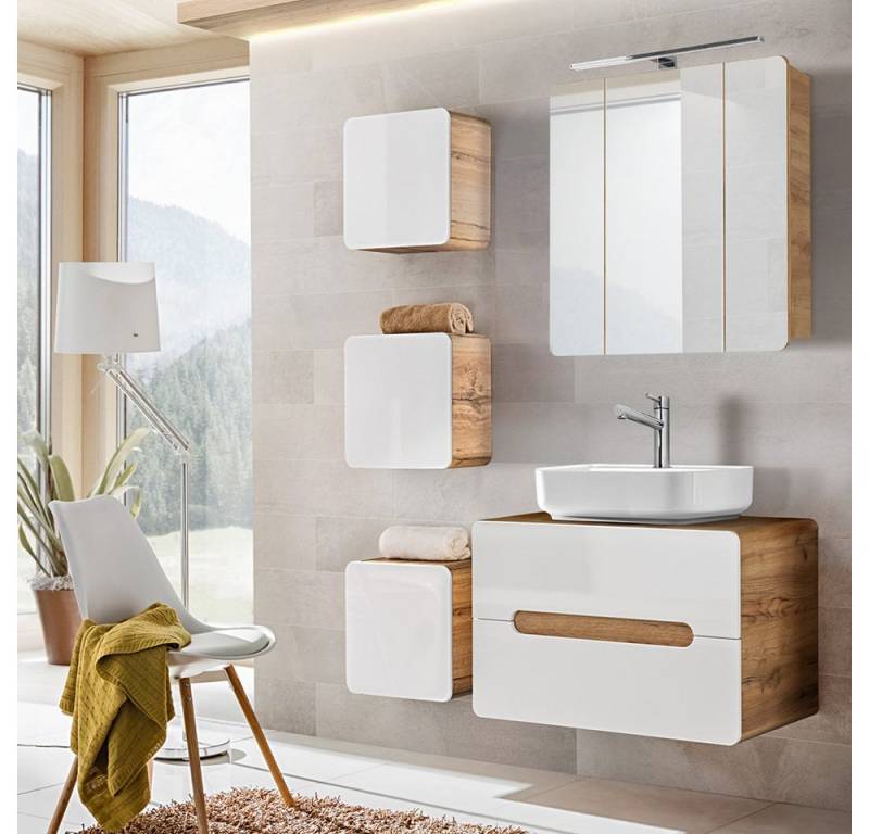 Lomadox Badmöbel-Set LUTON-56, (Spar-Set, 5-St), weiß mit Wotan Eiche Nb. mit LED-Spiegelschrank 130/200/46 cm von Lomadox
