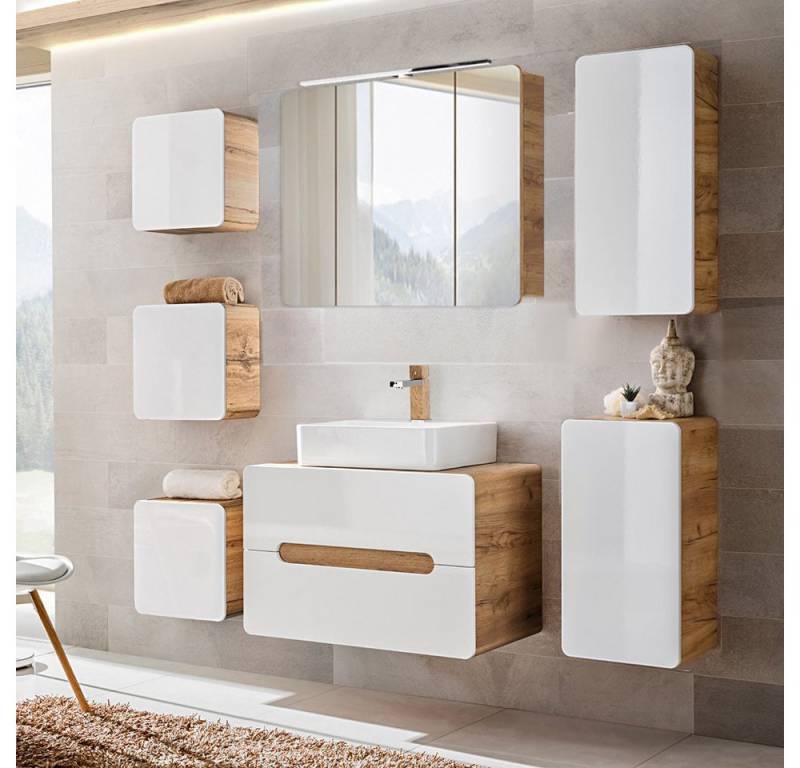 Lomadox Badmöbel-Set LUTON-56, (Spar-Set, 7-St), Wotan Eiche Nb. mit LED-Spiegelschrank 180/200/46 cm von Lomadox