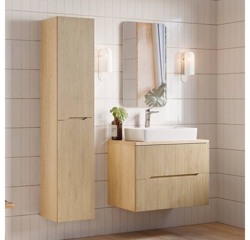 Lomadox Badmöbel-Set NARPIO-56, (Spar-Set, 3-St., Hochschrank LED-Spiegel Waschtisch), mit 80cm Waschtisch & LED-Spiegel, Eiche mit gerillter Front von Lomadox