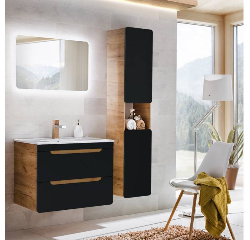 Lomadox Badmöbel-Set NEW-LUTON, (Spar-Set, 3-St), Eiche Nb. mit 80 cm Keramik-Waschtisch & LED-Spiegel 130/200/46 cm von Lomadox