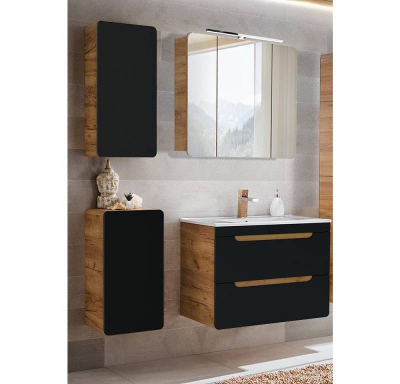 Lomadox Badmöbel-Set NEW-LUTON, (Spar-Set, 4-St), Eiche Nb. mit 80 cm Keramik-Waschtisch & Spiegelschrank 130/200/46 cm von Lomadox
