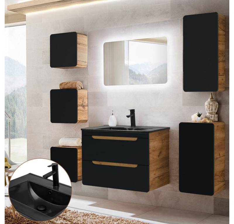 Lomadox Badmöbel-Set NEW-LUTON, (Spar-Set, 7-St), Eiche 80 cm Keramik-Waschtisch & LED-Spiegel 180/195/46 cm von Lomadox