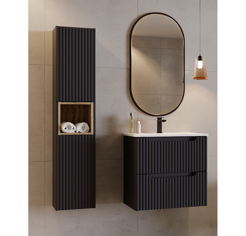 Lomadox Badmöbel-Set NEWPORT-56-BLACK, (Spar-Set, 3-St., Badregal Badspiegel Hochschrank Waschbecken Waschbeckenschrank), Badezimmermöbel in schwarz mit Eiche, gerillte Front, LED-Spiegel von Lomadox
