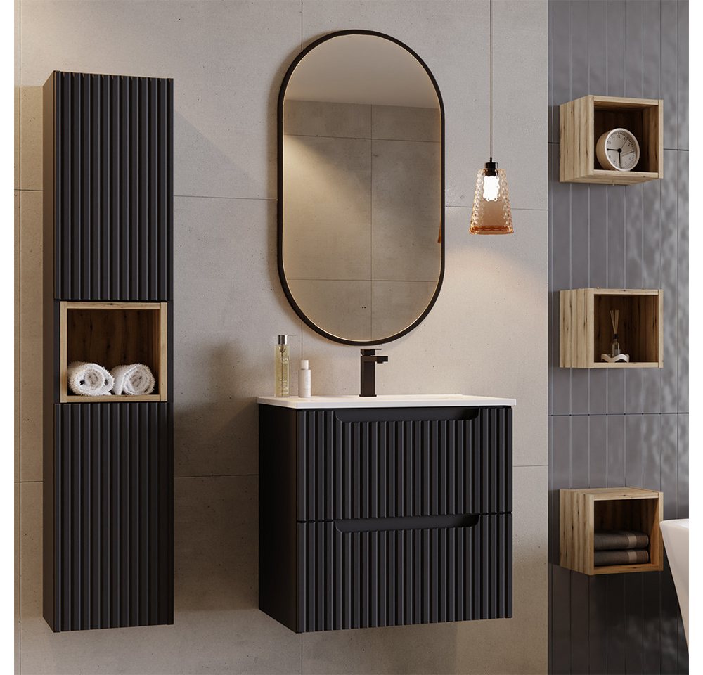 Lomadox Badmöbel-Set NEWPORT-56-BLACK, (Spar-Set, 6-St., Badregale Badspiegel Hochschrank Waschtisch), Badezimmermöbel in schwarz mit Eiche, gerillte Front, LED-Spiegel von Lomadox