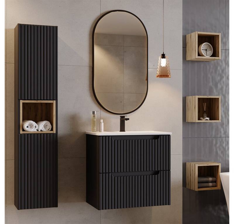 Lomadox Badmöbel-Set NEWPORT-56-BLACK, (Spar-Set, 6-St., Badregale Badspiegel Hochschrank Waschtisch), Badezimmermöbel in schwarz mit Eiche, gerillte Front, LED-Spiegel von Lomadox
