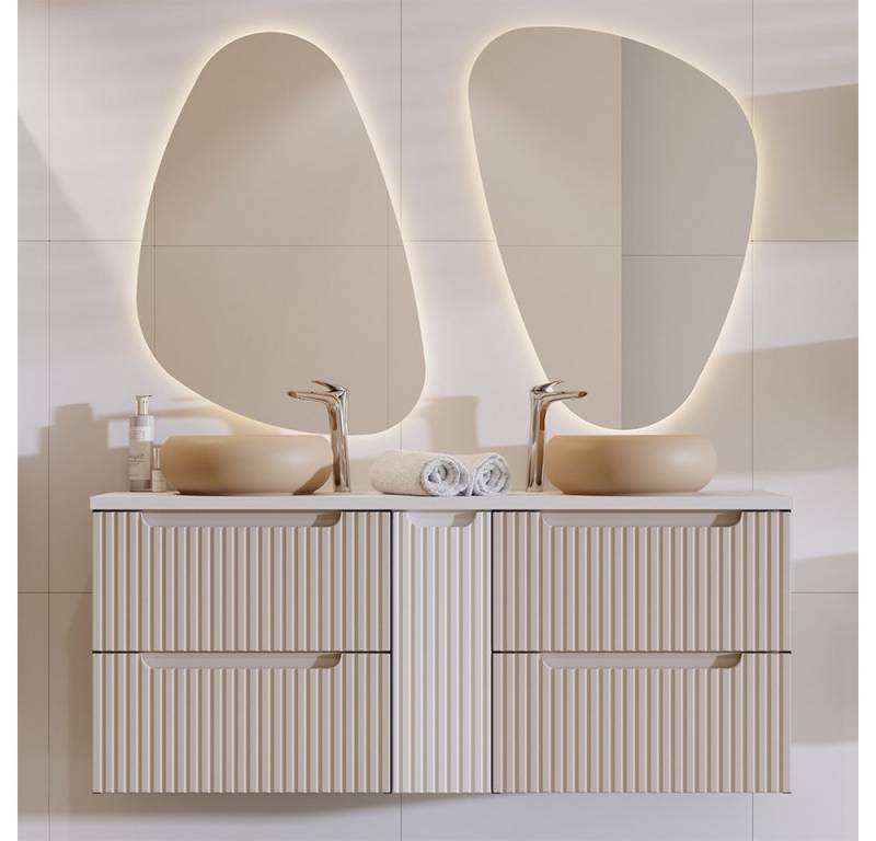 Lomadox Badmöbel-Set NEWPORT-56-CASHMERE, (Spar-Set, 3-St., LED-Spiegel Doppelwaschtisch), mit 140cm Waschtisch, Keramikwaschbecken, kaschmir mit weiß von Lomadox