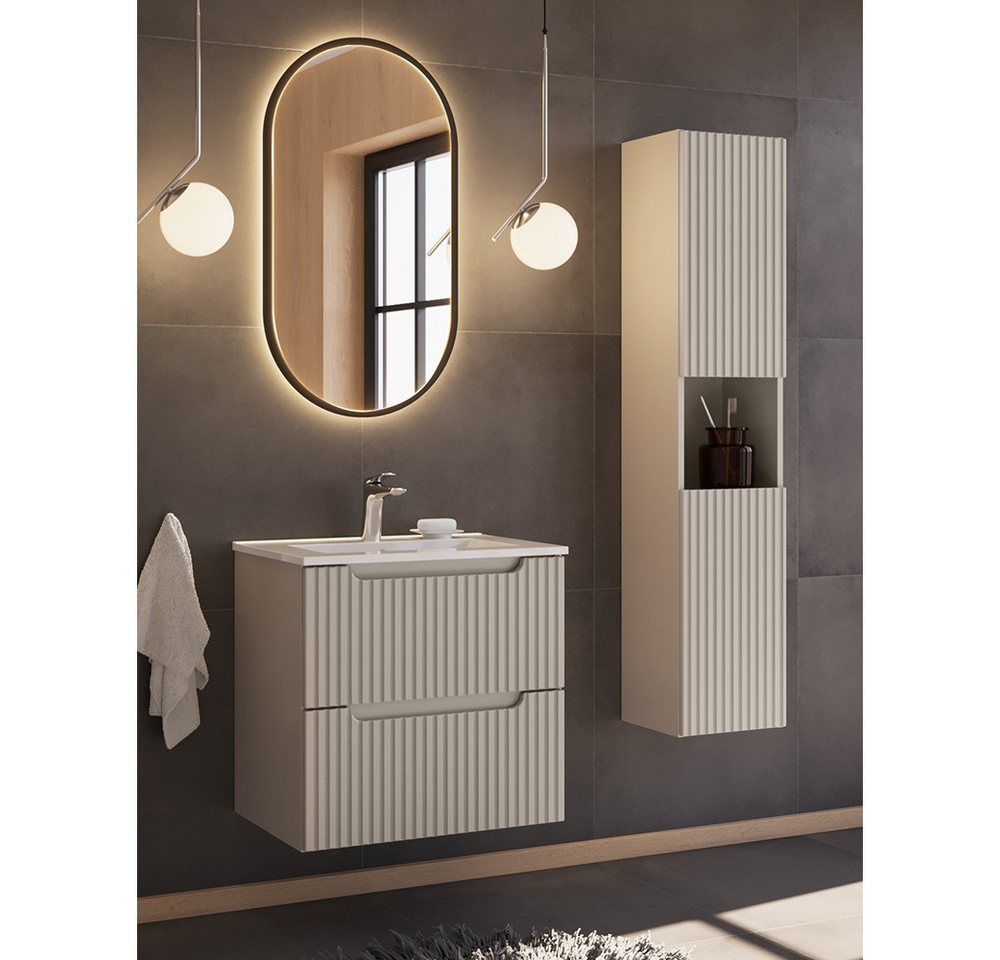Lomadox Badmöbel-Set NEWPORT-56-CASHMERE, (Spar-Set, 3-St., LED-Spiegel Waschtisch Hochschrank), 60cm Keramikwaschbecken, LED-Beleuchtung, in kaschmir von Lomadox