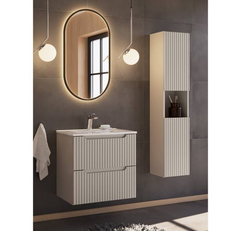 Lomadox Badmöbel-Set NEWPORT-56-CASHMERE, (Spar-Set, 3-St., LED-Spiegel Waschtisch Hochschrank), 60cm Keramikwaschbecken, LED-Beleuchtung, in kaschmir von Lomadox