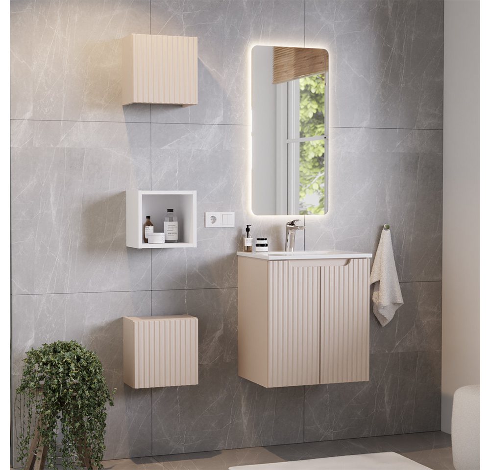 Lomadox Badmöbel-Set NEWPORT-56-CASHMERE, (Spar-Set, 5-St., LED-Spiegel Waschtisch Hängeschränke Badregal), mit 50cm Waschtisch, Keramikwaschbecken, kaschmir mit weiß von Lomadox