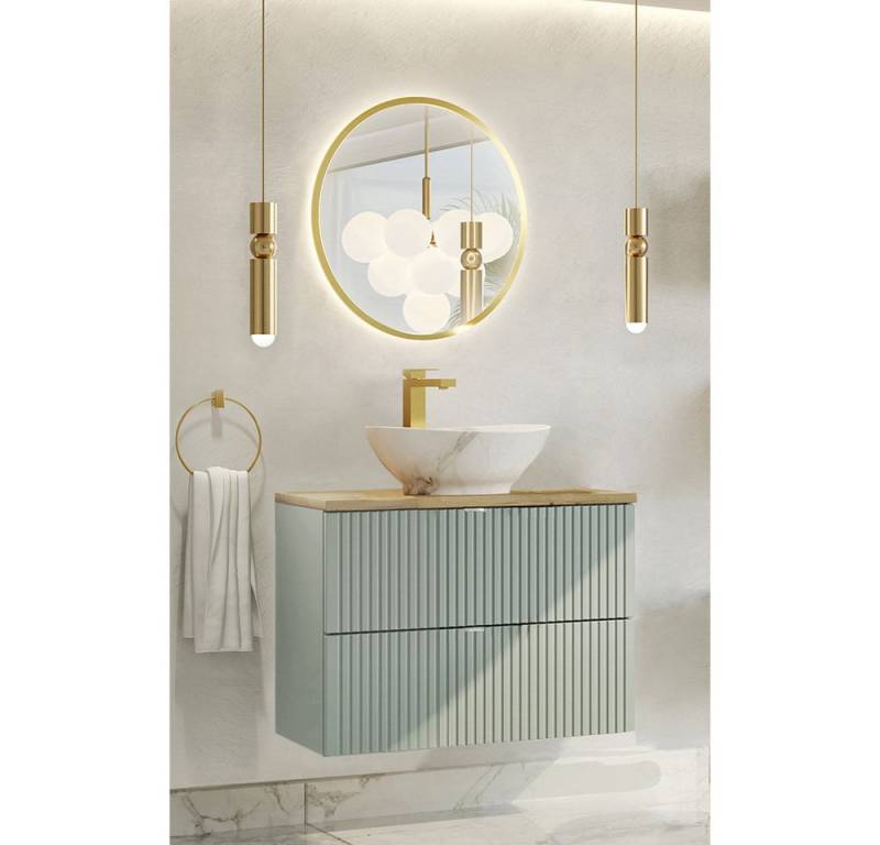 Lomadox Badmöbel-Set NEWPORT-56-GREEN, (Spar-Set, 2-St., Spiegel Waschtisch), in grün und Eiche, gerillte Front, 80cm Waschtisch, 40cm tief von Lomadox