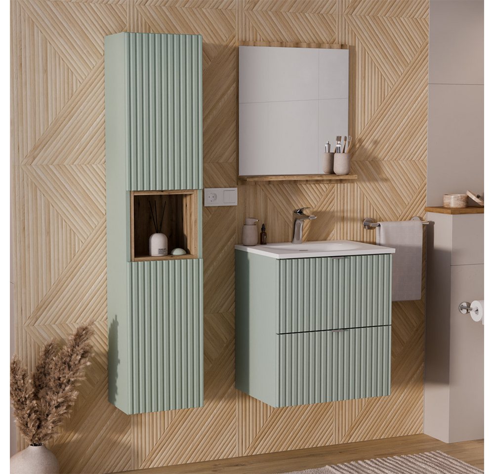 Lomadox Badmöbel-Set NEWPORT-56-GREEN, (Spar-Set, 3-St., Hochschrank Regaleinsatz Spiegel Waschtisch), in grün und Eiche, gerillte Front, 140cm Waschtisch, 40cm tief von Lomadox