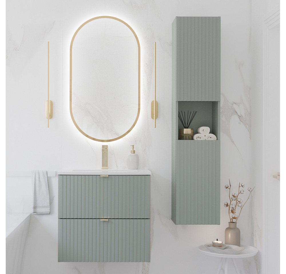 Lomadox Badmöbel-Set NEWPORT-56-GREEN, (Spar-Set, 3-St., Spiegel Waschtisch Hochschrank), mit 60cm Waschtisch inkl. Waschbecken, Schilfgrün, reduzierte Tiefe von Lomadox