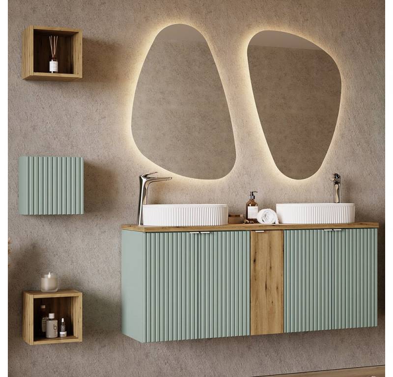 Lomadox Badmöbel-Set NEWPORT-56-GREEN, (Spar-Set, 6-St., Badregale Hängeschrank Spiegel Doppelwaschtisch), in grün und Eiche, gerillte Front, 140cm Waschtisch, 40cm tief von Lomadox