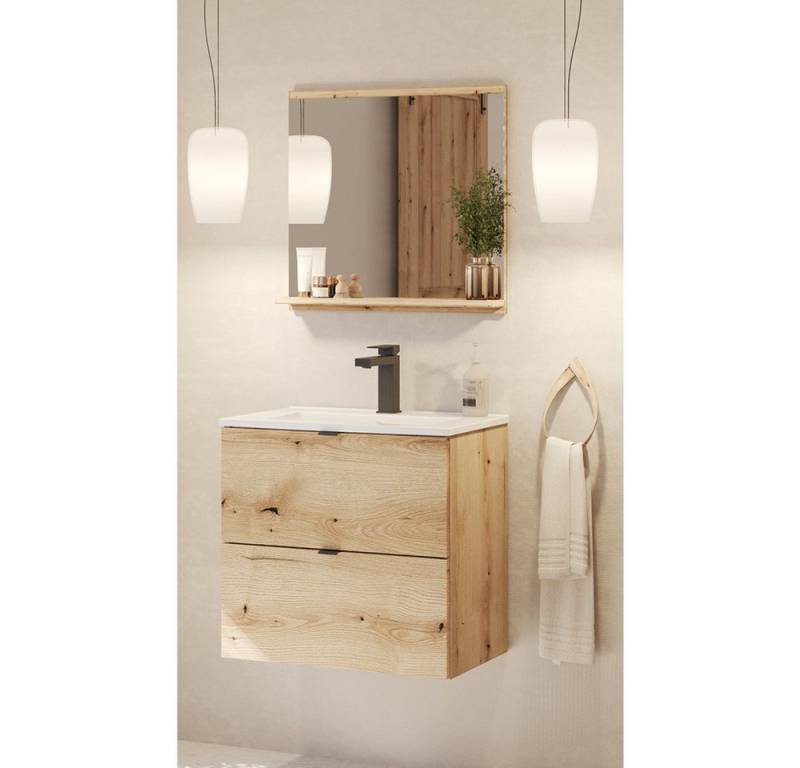 Lomadox Badmöbel-Set NEWPORT-56-OAK, (Spar-Set, 2-St., Spiegel Waschtisch), in Eiche, 60cm Waschtisch mit Schubladen, Keramik-Waschbecken von Lomadox