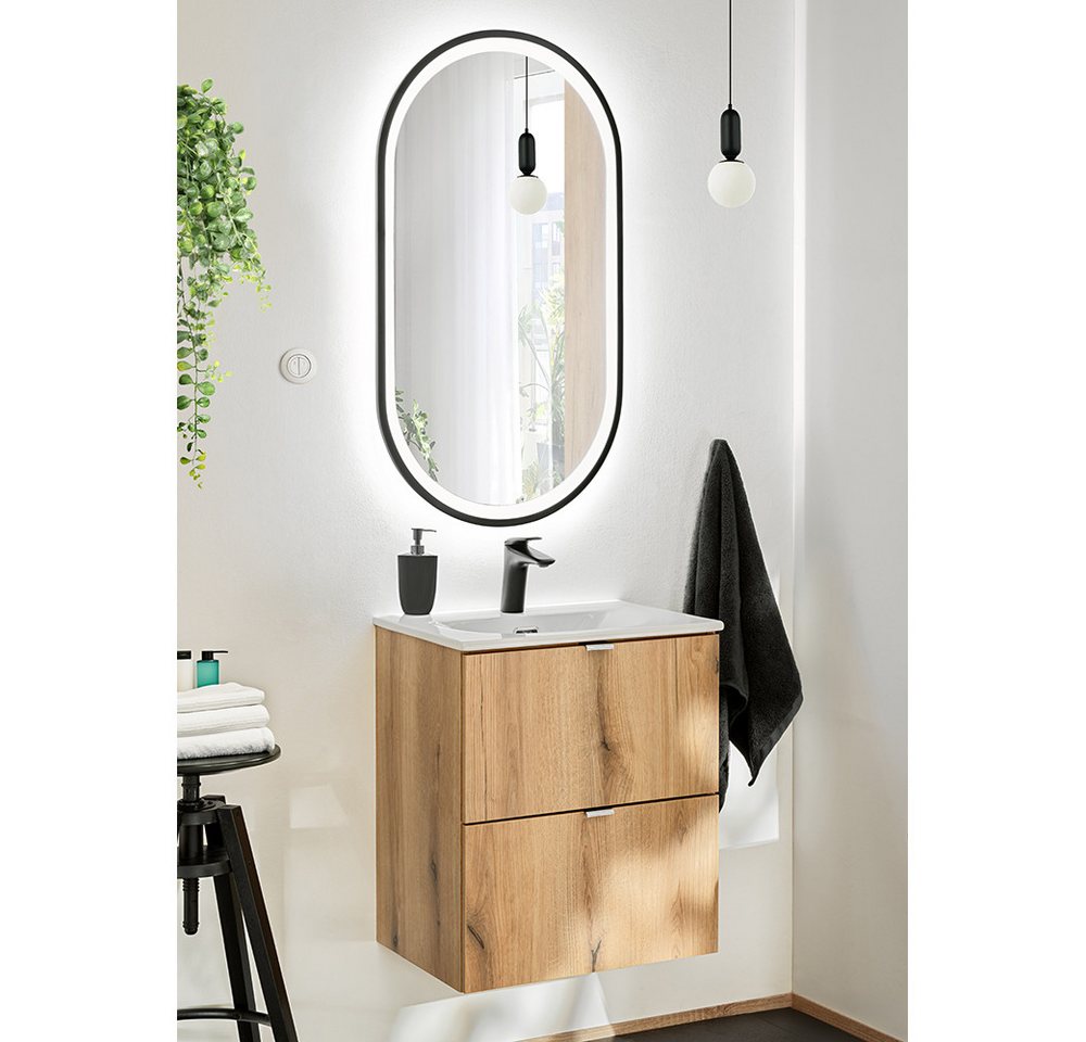 Lomadox Badmöbel-Set NEWPORT-56-OAK, (Spar-Set, 2-St., Spiegel Waschtisch), in Eiche, 50cm Unterschrank, Waschbecken von Lomadox