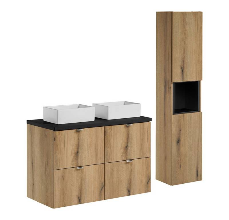Lomadox Badmöbel-Set NEWPORT-56-OAK, (Spar-Set, 2-St., Spiegel Waschtisch), in Eiche und schwarz, 100cm Unterschrank, Aufsatzwaschbecken von Lomadox