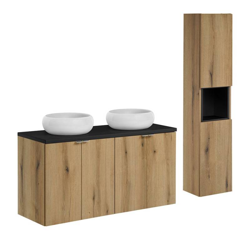 Lomadox Badmöbel-Set NEWPORT-56-OAK, (Spar-Set, 2-St., Spiegel Waschtisch), in Eiche und schwarz, 120cm Unterschrank, Aufsatzwaschbecken von Lomadox