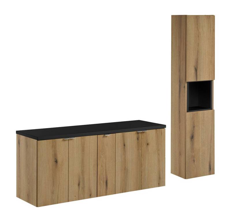 Lomadox Badmöbel-Set NEWPORT-56-OAK, (Spar-Set, 2-St., Spiegel Waschtisch), in Eiche und schwarz, 140cm Unterschrank von Lomadox