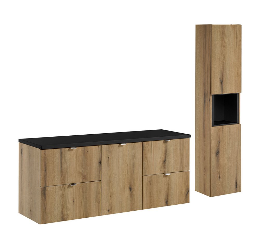 Lomadox Badmöbel-Set NEWPORT-56-OAK, (Spar-Set, 2-St., Spiegel Waschtisch), in Eiche und schwarz, 140cm Unterschrank von Lomadox