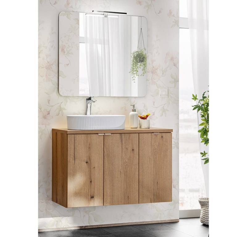 Lomadox Badmöbel-Set NEWPORT-56-OAK, (Spar-Set, 2-St., Spiegel Waschtisch), in Eiche und weiß, 90cm Unterschrank, Aufsatzwaschbecken von Lomadox