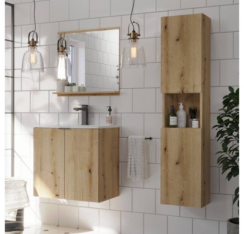 Lomadox Badmöbel-Set NEWPORT-56-OAK, (Spar-Set, 3-St., Spiegel Waschtisch Hochschrank), mit 50cm Waschtisch, in Eiche von Lomadox