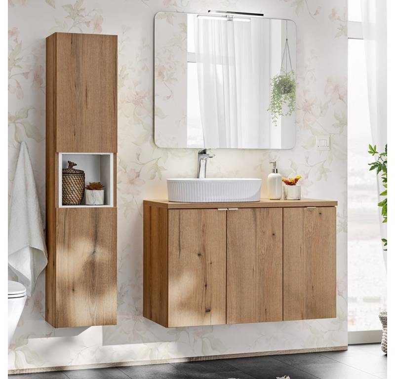 Lomadox Badmöbel-Set NEWPORT-56-OAK, (Spar-Set, 3-St., Spiegel Waschtisch), in Eiche und weiß, 90cm Unterschrank, Aufsatzwaschbecken von Lomadox