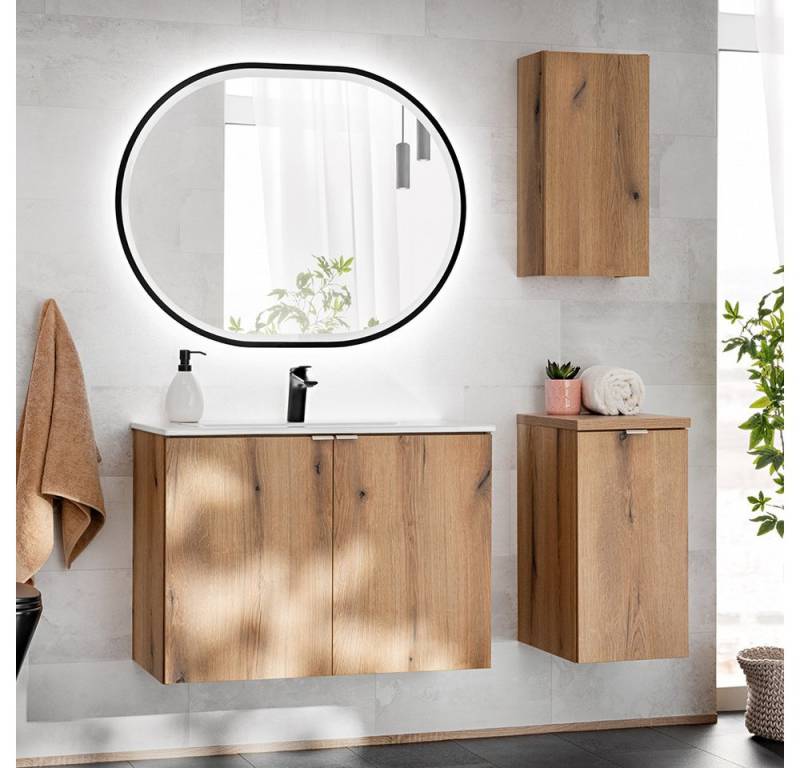 Lomadox Badmöbel-Set NEWPORT-56-OAK, (Spar-Set, 4-St., Spiegel Waschtisch), in Eiche, 80cm Unterschrank, Waschbecken von Lomadox