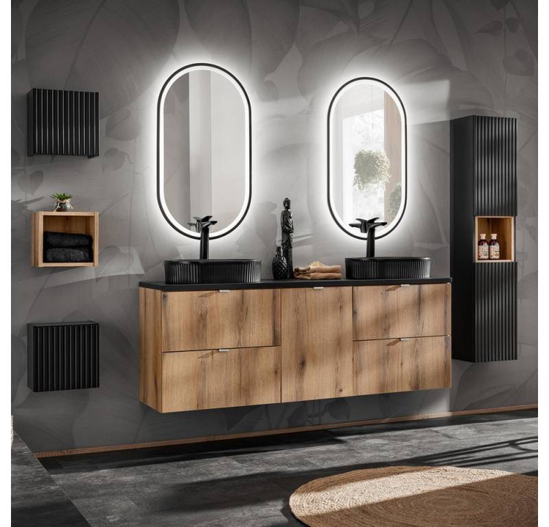 Lomadox Badmöbel-Set NEWPORT-56-OAK, (Spar-Set, 7-St., Spiegel Waschtisch), in Eiche und schwarz, 160cm Unterschrank, Aufsatzwaschbecken von Lomadox